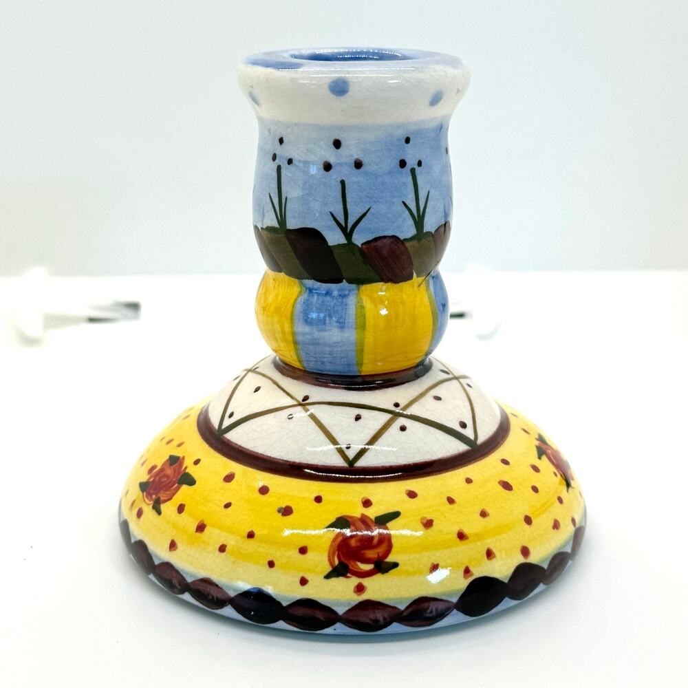 Hand‎ Painted Majolica Candle Stick Holder Italian Blue Yellow Maroon White